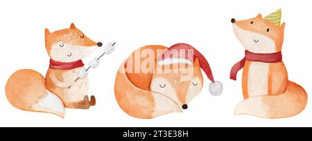 Fox with christmas costume . Watercolor paint cartoon characters . Isolated . Set 3 of 7 . Vector . Stock Vector