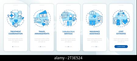 Walkthrough medical tourism with blue line icons concept Stock Vector