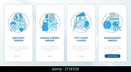 Walkthrough 2D blue medical tourism with icons concept Stock Vector