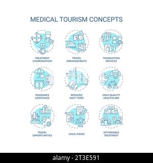 Editable thin line icon set representing medical tourism Stock Vector