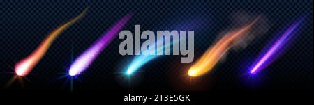 Falling or flying comet or meteor with colorful dust and smoke trail with light glowing effect. Realistic vector illustration set of space object or rocket motion vfx with fireball and steam tail. Stock Vector