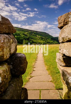 Muker meadow, with its hay barns and dry stone walls the signature of these famous flower-rich hay meadows in Swaledale, UK Stock Photo