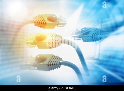 Network cables over futuristic technological background. 3d ...