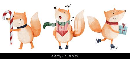 Fox with christmas costume . Watercolor paint cartoon characters . Isolated . Set 4 of 7 . Vector . Stock Vector