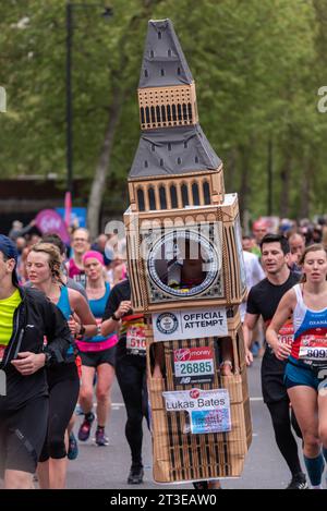 Lukas Bates in Big Ben costume. Official record attempt. London Marathon 2019. Fastest marathon dressed as a landmark building attempt Stock Photo