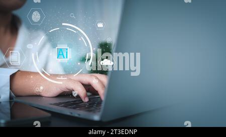 Businessman showing use of future technology artificial intelligence system for communication and networking in business analysis with copy space. Stock Photo