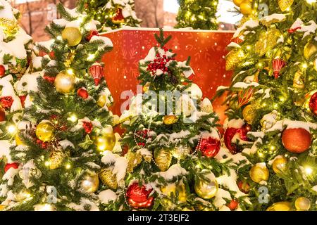 New Year's decoration balls on a snowy branch. Christmas tree toy on the branches of spruce covered with snow. spruce branches covered with snow on th Stock Photo