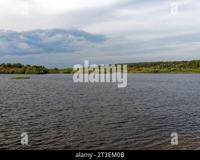 Forested river banks in summer, Russia Stock Photo