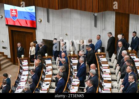 Bratislava, Slovakia. 25th Oct, 2023. Slovakia Smer (Direction)-Social Democracy party chairman Robert Fico (not pictured) and newly-Elected Members Take Oath In Slovak´s Parliament during the constituent session of the new Slovak parliament in Bratislava, Slovakia, October 25, 2023. Credit: Vaclav Salek/CTK Photo/Alamy Live News Stock Photo