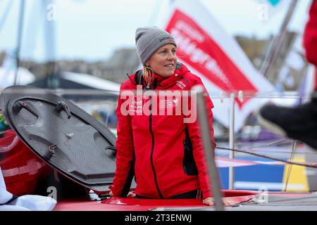 Saint Malo on November 5, 2022 (Brittany, north western France): Samantha Davies on board the Initiatives Coeur, IMOCA class, on the occasion of the “ Stock Photo