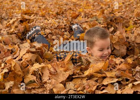 Autumn concept. A small, handsome and emotional boy in a plaid shirt and overalls lies cheerfully in the autumn yellow leaves in the park. Soft focus. Stock Photo