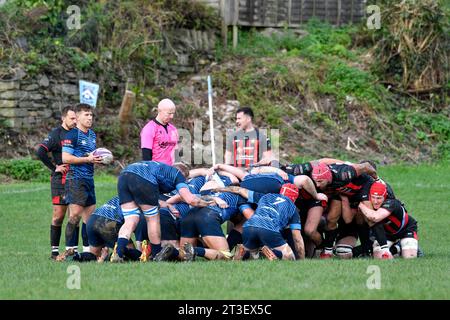 Trebanos, Wales. 21 October 2023. A scrum during the WRU Admiral Championship West game between Trebanos and Maesteg Quins at The Park in Trebanos, Wales, UK on 21 October 2023. Credit: Duncan Thomas/Majestic Media. Stock Photo