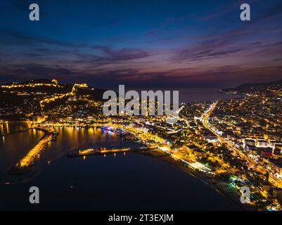 Night over Alanya from a drone, Turkish Riviera on Mediterranean Coast, Antalya, Turkey Stock Photo