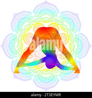 Colorful silhouette of Parivritta Prasarita Padottanasana. Revolved Wide Legged Forward Bend pose. Isolated vector illustration on Mandala background. Stock Vector