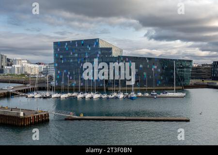 Miðbakki Midbakki The Old Harbour In Reykjavik Iceland, Rear Facia Of The Harpa Centre And Yacht Marina Mooring Stock Photo