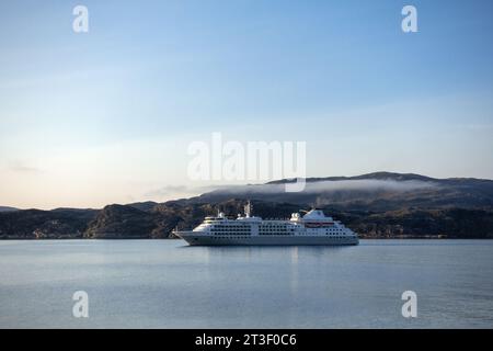 Silver Cloud Cruise Ship Owned By Silversea Cruises A Small Luxury Motor Yacht Cruise Ship Moored Early Morning In The Town Of Qaqortoq Greenland Stock Photo