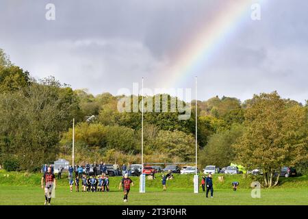 Trebanos, Wales. 21 October 2023. A rainbow appears during the WRU Admiral Championship West game between Trebanos and Maesteg Quins at The Park in Trebanos, Wales, UK on 21 October 2023. Credit: Duncan Thomas/Majestic Media. Stock Photo