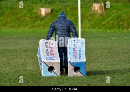 Trebanos, Wales. 21 October 2023. A Trebanos volunteer after the WRU Admiral Championship West game between Trebanos and Maesteg Quins at The Park in Trebanos, Wales, UK on 21 October 2023. Credit: Duncan Thomas/Majestic Media. Stock Photo