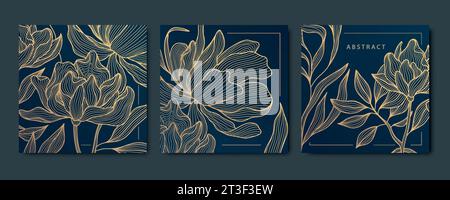 Vector set of abstract luxury golden square cards, post templates for social net, peonies and leaves botanical modern, art deco wallpaper background Stock Vector