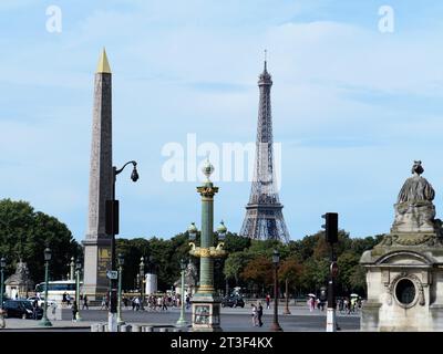 Paris, France, Date 8.12.2018, Time 10 o'clock and 27 minutes. Overview of the Place de la Concorde, with the famous obelisk, its bustle, the lanterns Stock Photo