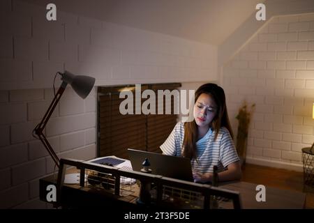 A woman is working late at night. Working at night concept. Stock Photo