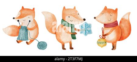 Fox with christmas costume . Watercolor paint cartoon characters . Isolated . Set 5 of 7 . Vector . Stock Vector