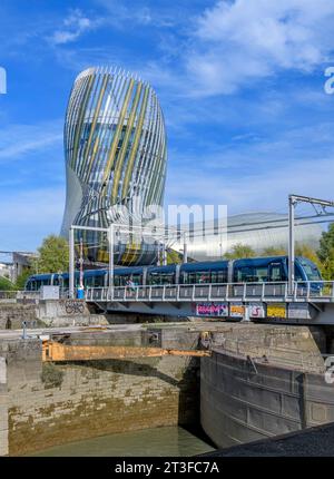 The Cité du Vin is a museum dedicated to wine in Bordeaux. Wine-themed xhibitions, shows, films and seminars in Bordeaux, France. Opened May 2022. Stock Photo