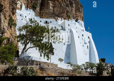 Greece, Aegean Sea, Eastern Cyclades archipelago, Amorgos Island, Byzantine monastery of Panagia Chozoviotissa or Panagia Hozoviotissa (Moni Hozoviotissis, Chozoviotissa) which served as the setting for the film Grand Bleu by Luc Besson Stock Photo