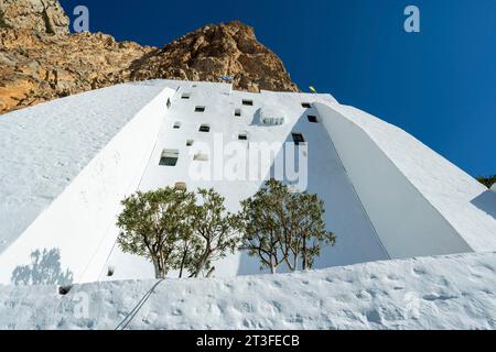 Greece, Aegean Sea, Eastern Cyclades archipelago, Amorgos Island, Byzantine monastery of Panagia Chozoviotissa or Panagia Hozoviotissa (Moni Hozoviotissis, Chozoviotissa) which served as the setting for the film Grand Bleu by Luc Besson Stock Photo