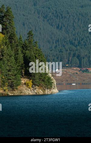 Beautiful view of a pine forest on a rocky clif above a lake with big mountain in the background. Stock Photo