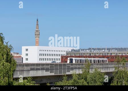 France, Nord, Lille, view of the Pasteur Institute of Lille, the aerial metro and the belfry of the town hall from the Saint-Sauveur wasteland Stock Photo