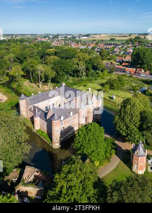 France, Nord, Esquelbecq, favorite village of the French 2023, Esquelbecq castle and its gardens (aerial view) Stock Photo