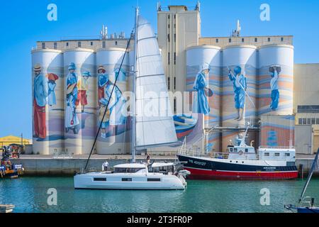 France, Vendee, Les Sables d'Olonne, the port, fresco painted on the silos of the Cavac cooperative by the Basque artist Taroe, depicts the history of the city Stock Photo