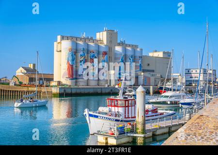 France, Vendee, Les Sables d'Olonne, the port, fresco painted on the silos of the Cavac cooperative by the Basque artist Taroe, depicts the history of the city Stock Photo