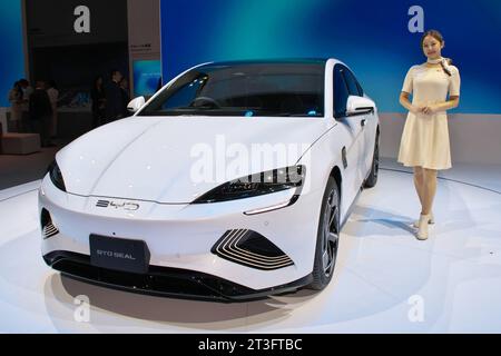 Tokyo, Japan. 25th Oct, 2023. BYD electric vehicle Seal is seen on display at the press day of the Japan Mobility Show 2023 in Tokyo, Japan on Wednesday, October 25, 2023. Photo by Keizo Mori/UPI Credit: UPI/Alamy Live News Stock Photo