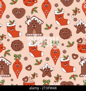Christmas groovy seamless pattern. Trendy retro cartoon characters gingerbread, cookies, house, Xmas stocking, cocoa and toys balls on light backgroun Stock Vector