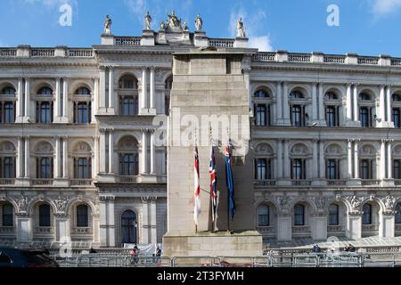 London, UK. 24th October, 2023. Sunshine above the Cenopath in Whitehall, London. Members of the Royal Family and dignataries will gather at the Cenotaph on 12th November, Remebrance Sunday, to lay wreaths and remember the war dead. Credit: Maureen McLean/Alamy Stock Photo