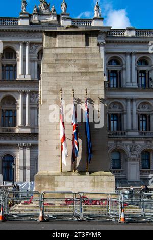 London, UK. 24th October, 2023. Sunshine above the Cenopath in Whitehall, London. Members of the Royal Family and dignataries will gather at the Cenotaph on 12th November, Remebrance Sunday, to lay wreaths and remember the war dead. Credit: Maureen McLean/Alamy Stock Photo