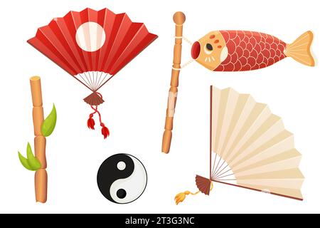 Set traditional lantern, hanging lamp with gold elements and tassel, asian hand fun with wooden and paper material in cartoon style isolated on white background. Vector illustration Stock Vector