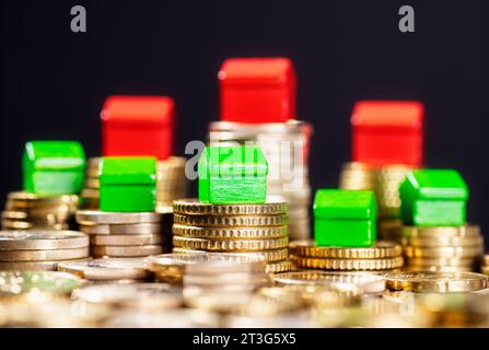 Falling real estate prices. Green houses on low and red on high coin stacks. Stock Photo