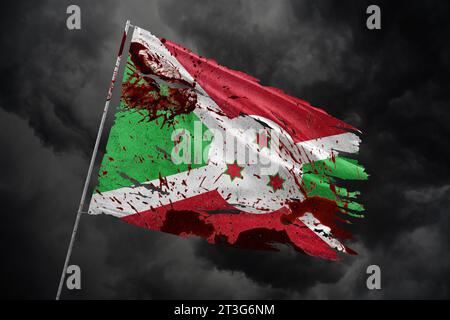 Burundi torn flag on dark sky background with blood stains. Stock Photo