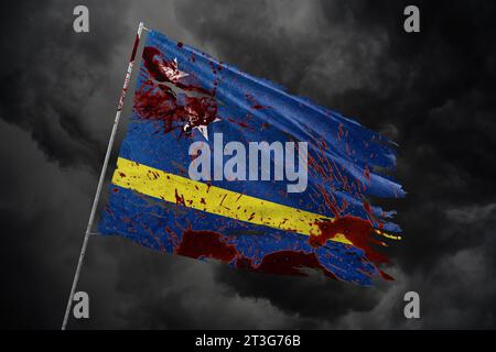 Curacao torn flag on dark sky background with blood stains. Stock Photo