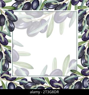 watercolor frame with branch of black olives with leaves and fruits ...