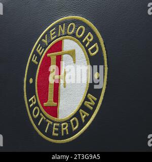 ROTTERDAM - Feyenoord logo during the UEFA Champions League match in group E between Feyenoord and SS Lazio at Feyenoord Stadium de Kuip on October 25, 2023 in Rotterdam, Netherlands. ANP | Hollandse Hoogte | COR LASKER Stock Photo