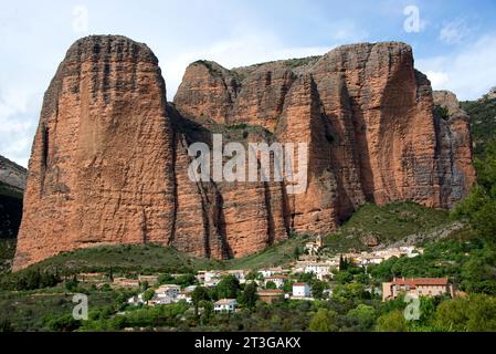 Mallos de Riglos  (Natural Monument) and Riglos municipality. Huesca province, Aragon, Spain. Stock Photo