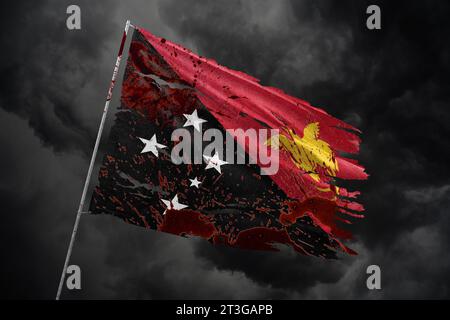 Papua New Guinea torn flag on dark sky background with blood stains. Stock Photo