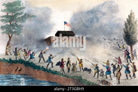Seminole Wars. Attack of the Seminoles on the block house. Print shows an attack by the Seminole Indians possibly on a fort on the Withlacoochee River in December 1835. Hand colored lithograph, 1837 Stock Photo