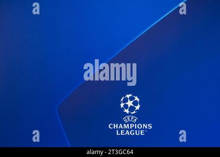 ROTTERDAM - Champions League logo during the UEFA Champions League match in group E between Feyenoord and SS Lazio at Feyenoord Stadium de Kuip on October 25, 2023 in Rotterdam, Netherlands. ANP | Hollandse Hoogte | COR LASKER Stock Photo