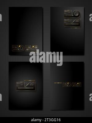 set black cards 2024 New Year gold texture, golden luxury dark modern background, elements for calendar and greetings card or Christmas themed Stock Vector