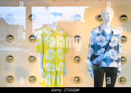 France, Alpes Maritimes, Cannes, Croisette, window of the luxury and ready to wear store Louis Vuitton, men's fashion Stock Photo